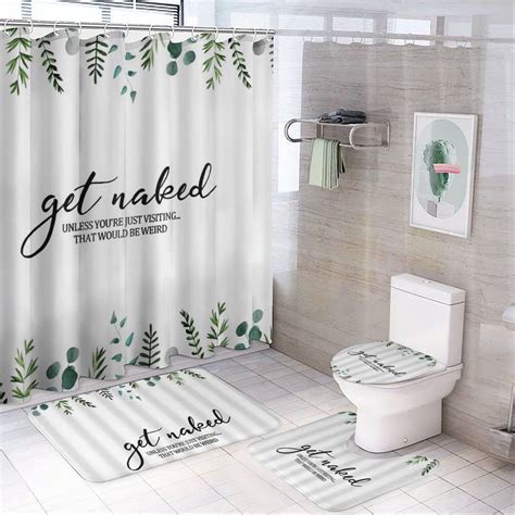 4 Pcs Get Naked Shower Curtain Sets With Rugs Toilet Lid Cover And Bath Mat Tropical Plant