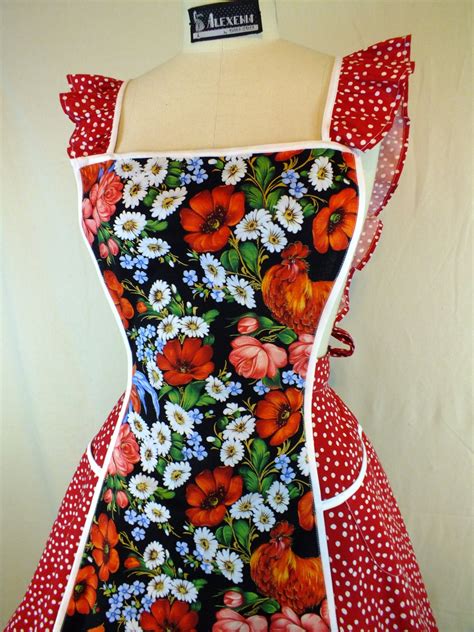 Floral Rooster Kitchen Apron Folk Country Traditional Garden Lady Etsy