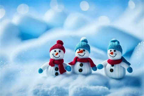 Three Snowmen Wearing Hats And Scarves In The Snow AI Generated