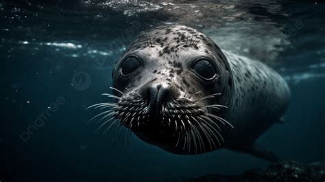 Fundo Foca Está Nadando Debaixo Dágua Os Olhos Bem Abertos Fundo