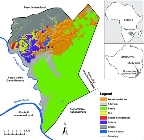 Map showing the spatial position and geology of Malilangwe Wildlife ...