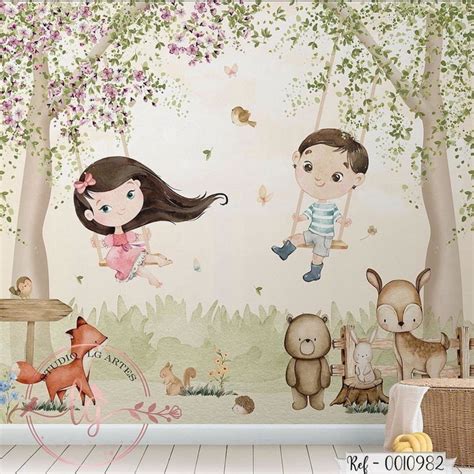 Papel De Parede Para Menino E Menina - Papel de Parede Menina e Menino no Balanço | Elo7