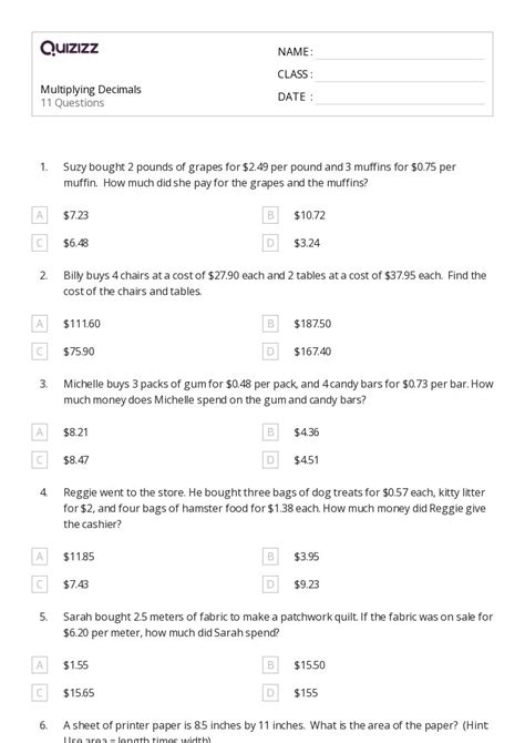 Printable Multiplying Decimals Worksheets Quizizz