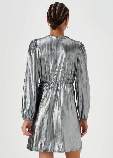 Silver Metallic Plisse Wrap Mini Dress Matalan