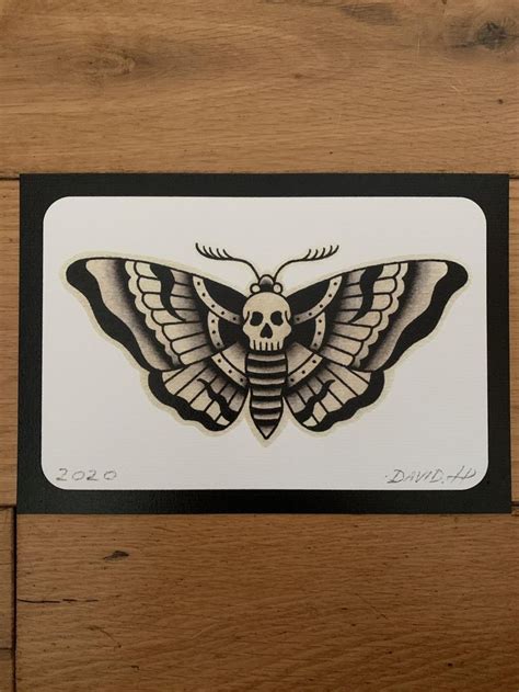 Traditional Death Head Moth Classic A5 Old School Tattoo Flash Print