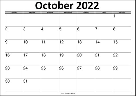 October 2022 Printable Calendar