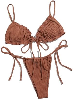 Lilosy Sexy Ribbed Padded String Thong Brazilian Bikini Swimsuit Set For Women Side Tie Knotted