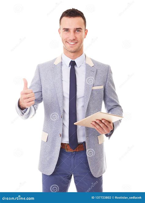 Man Holding Tablet Pc And Makes A Gesture Thumb Up Stock Photo Image