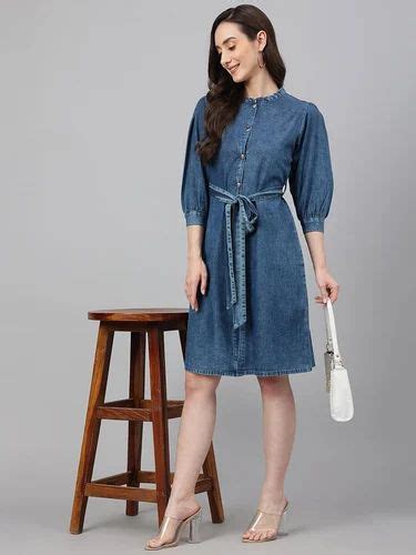 Janasya Women S Blue Denim Solid Straight Western Dress At Piece