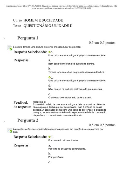 Questionário II Unidade II Homem e Sociedade AVA pode ser