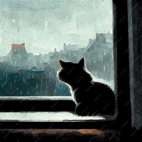Premium AI Image | sad cute cat looking out the rainy window
