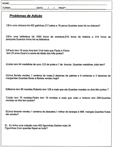 Atividade De Matematica 4 Ano Adição E Subtração Problemas