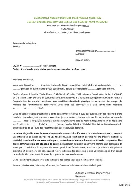 Courrier De Mise En Demeure Reprise De Fonction Doc Pdf Page Sur