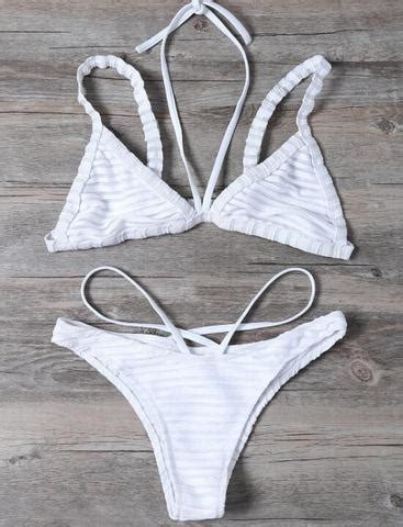 Sexy Pure White Stripe Splicing Gauze Halter Two Straps Bottom Side Open Two Piece Bikini On Luulla