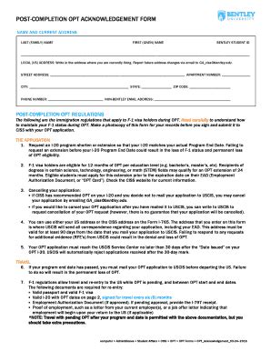 Fillable Online Bentley Post Completion Opt Acknowledgement Form