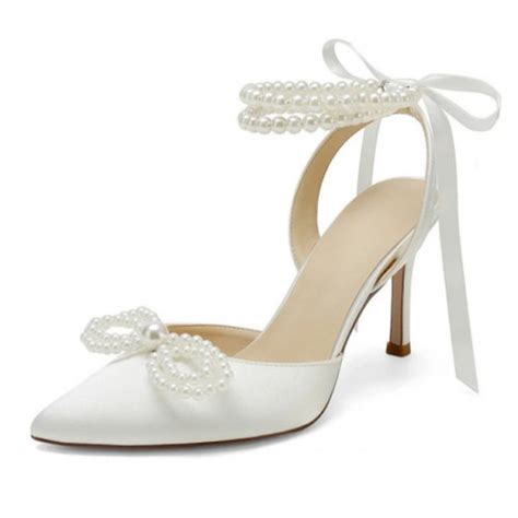 Bella Ivory Closed Toe Wedding High Heels With Pearl Bow Ankle Strap