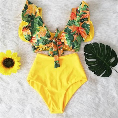 Sexy Bikinis New Double Shoulder Ruffle Bikini Set High Waist