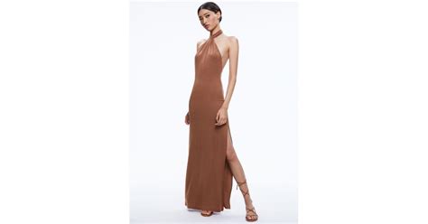 Alice Olivia Amaya Halter Neck High Slit Dress In Brown Lyst