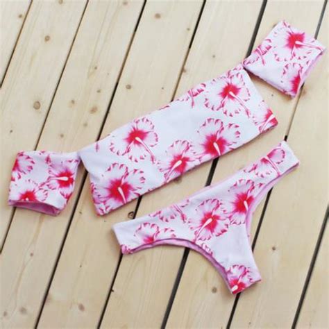 Red Off Shoulder Tropical Hibiscus Floral Print Bikini On Luulla