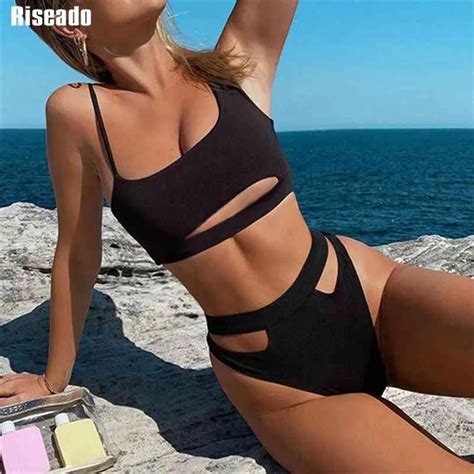 Riseado Sexy Bikini Set Cut Out Swimwear Women High Waist Strap Bathing