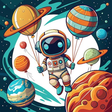 Un Astronauta De Dibujos Animados Con Globos En Forma De Planetas En El