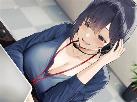 Big Boobs Blue Eyes Dark Hair Cleavage Office Girl Oekakizuki