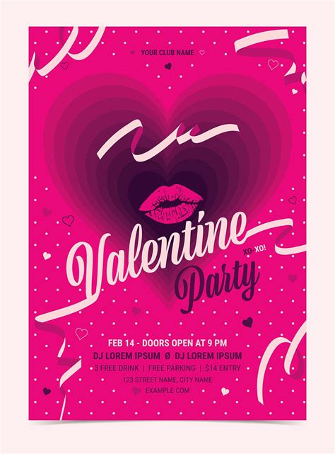 A Valentine Party Flyer With Lips And Confetti On The Pink Background