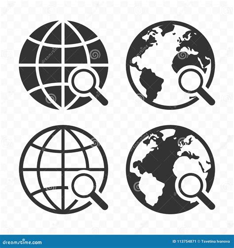 Globe With Magnifying Glass Icon Set Planet Earth And Magnifier Stock Vector Illustration Of