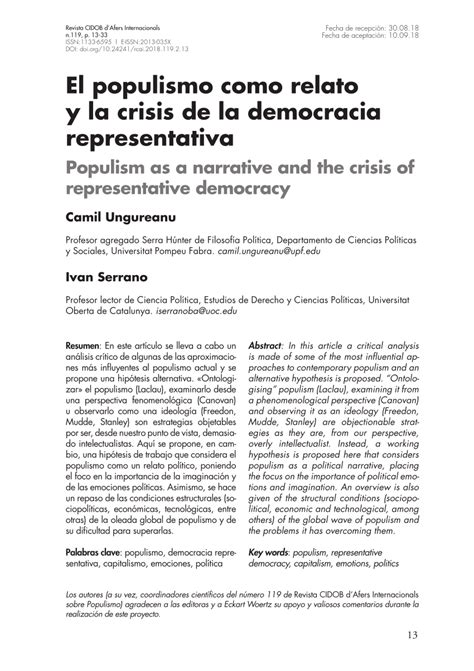 Pdf El Populismo Como Relato Y La Crisis De La Democracia Representativa