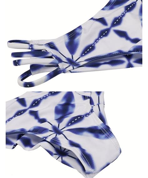 Womens Tankini Geometric Leaves Printing High Neck Halter Bikini Set Swimsuit Blue C G CG K