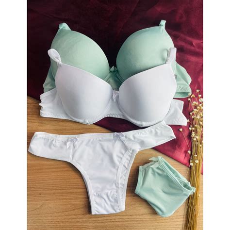 Kit c 2 Conjunto Lingerie Liso sutiã reforçado e calcinha tanga basica confortavél dia a dia
