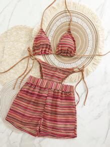 Swim Mod 3pcs Set Bohemian Crochet Knit Drawstring Bikini Cover Up Bikini Set Summer For Sale