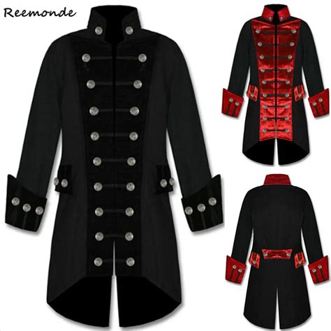 Adult Men Victorian Costumes Black Red Tuxedo Tailcoat Long Jacket