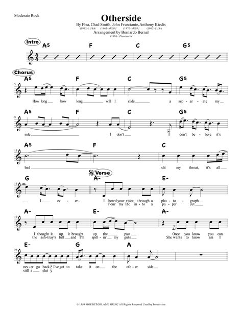 Otherside Arr Bernardo Bernal Hidalgo By Red Hot Chili Peppers Sheet Music For Lead Sheet