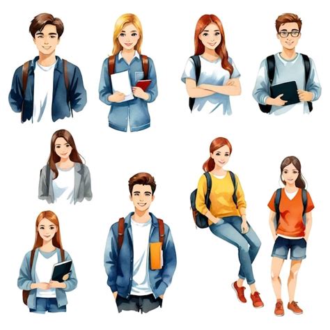 College Students Vector Set White Background Isolated A High Quality