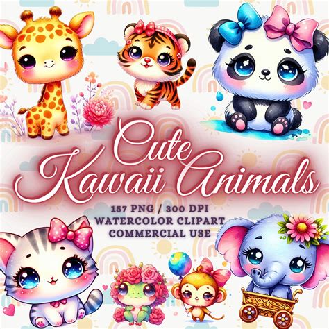 cute kawaii baby animals clipart megabundle watercolor kawaii