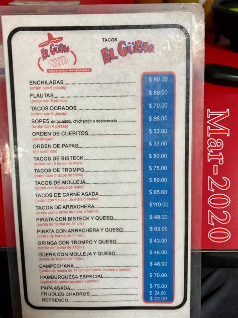 Carta del restaurante Tacos El Güero Linda Vista Guadalupe Av Miguel