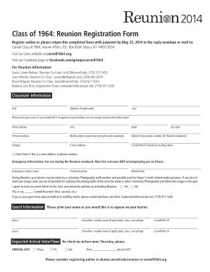 Fillable Online Alumni Cornell Class Of Reunion Registration Form