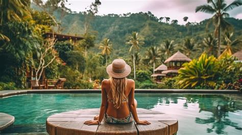 Premium Photo Beautiful Woman Sitting By Pool In Bikini Resting On Wooden Poolside Against