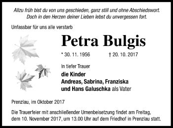 Traueranzeigen Von Petra Bulgis Trauer Nordkurier