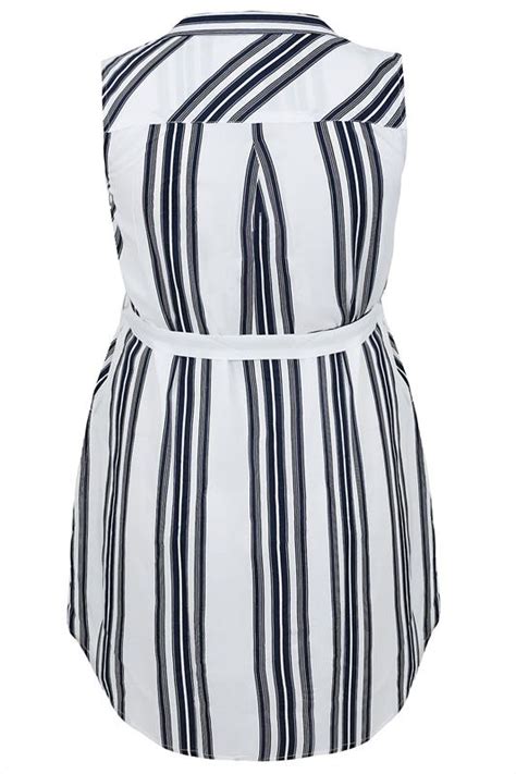 Navy And White Striped Sleeveless Longline Shirt With Side Slits