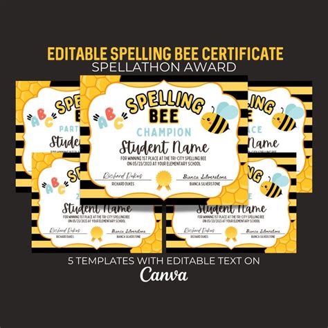 Editable Spelling Bee Certificates Spelling Bee Printable Certificates Spelling Awards School