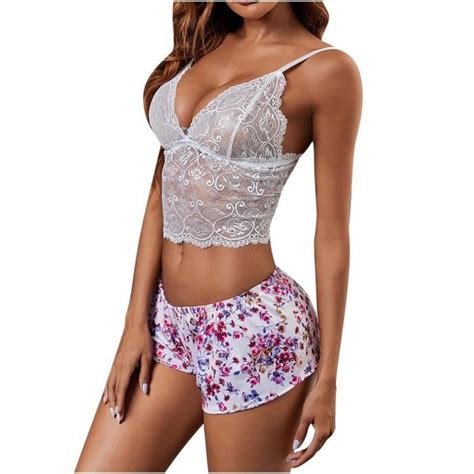 Ensemble Caraco Et Shorty Femmes Sexy Sling Jarretelles Dentelle V Neck Low Neck Lingerie Rose