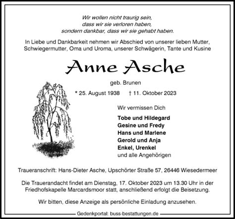 Traueranzeigen Von Anne Asche Nordwest Trauer De