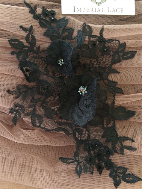 Black applique with 3D flowers and crystals - Applique - lace fabric