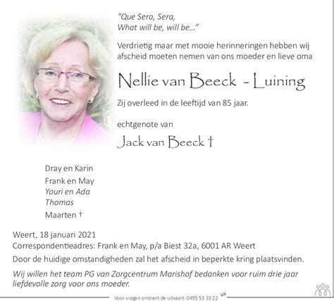 Nellie Van Beeck Luining 18 01 2021 Overlijdensbericht En Condoleances