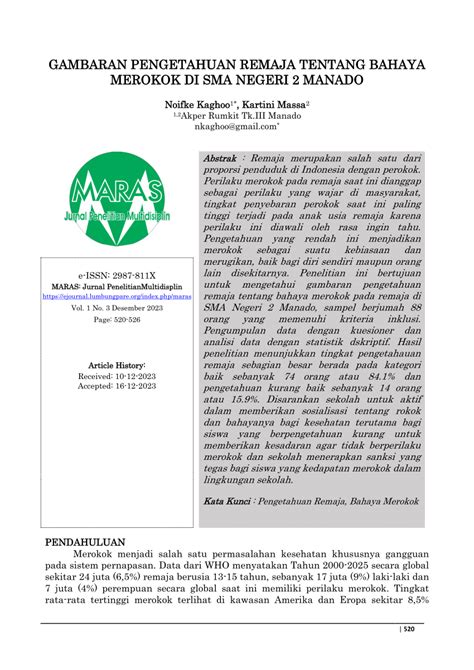 Pdf Gambaran Pengetahuan Remaja Tentang Bahaya Merokok Di Sma Negeri