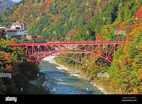 Kurobe Gorge And Kurobe Gorge Trolley Car In Autumn Leaves Stock Photo