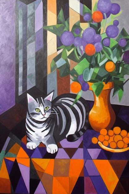 Una pintura de un gato y un jarrón de naranjas Foto Premium