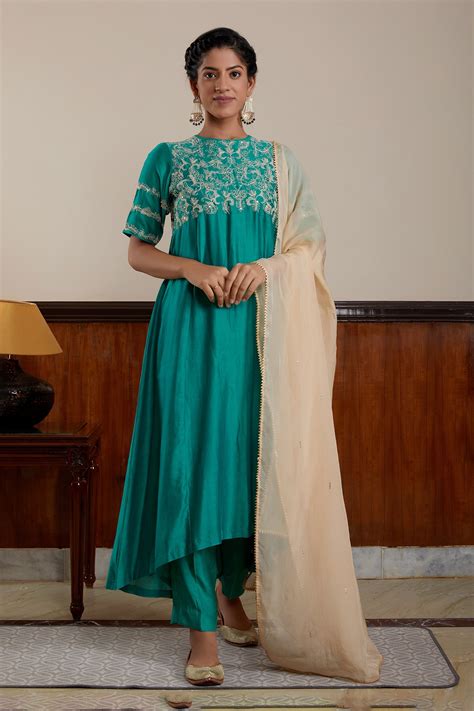 Buy Green Kurta And Pant Silk Chanderi Embroidery Thread Rajnigandha